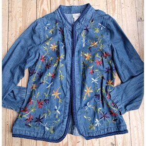 Vtg Gunit Fashions Denim Shirt Womens Size Large Floral Embroidered Cottage Core